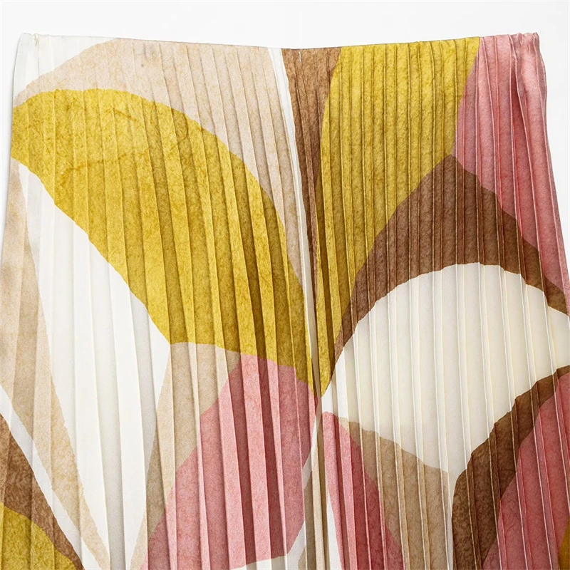 KEYANKETIAN letnia nowa damska kontrastowy kolor nadruk geometryczny plisowana spódnica wakacyjny wiatr w pasie płynąca spódnica MIDI w kształcie litery A