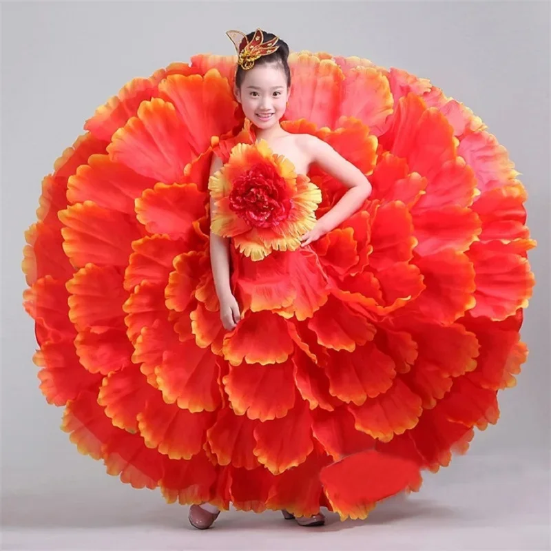 Vestido de dança flamenca para crianças, vestido tradicional cigano espanhol saia grande, plissado de pétala de flores, fantasia de palco para meninas, abertura