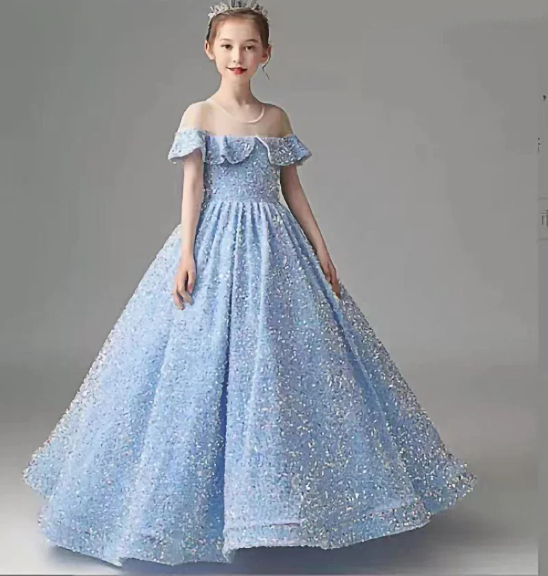 Abito da principessa in velluto con paillettes argento per bambini Elegante abito da spettacolo per spettacoli di carnevale di compleanno lungo fino al pavimento per ragazze, 2-14 anni