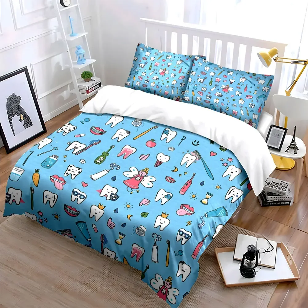 Dental Care Cartoon Set Decor Multiple sizes kid's and adults' bedroom Exquisite 3PC bedding set, gift