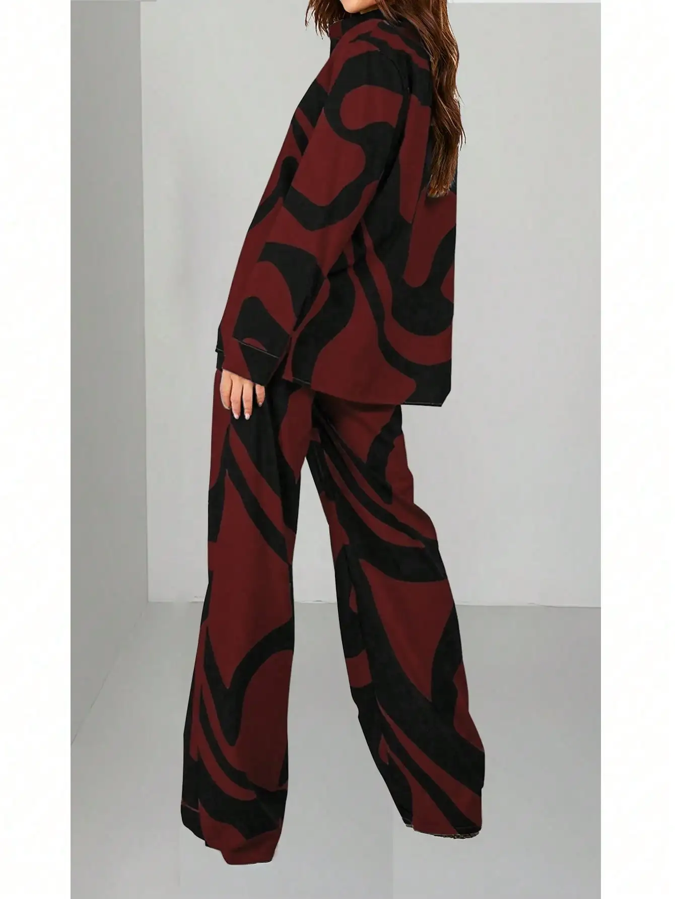 

Women's Fashion Casual Color‑Block Printed Two‑Piece Suit, Long Sleeve Shirt and Matching Pants Set