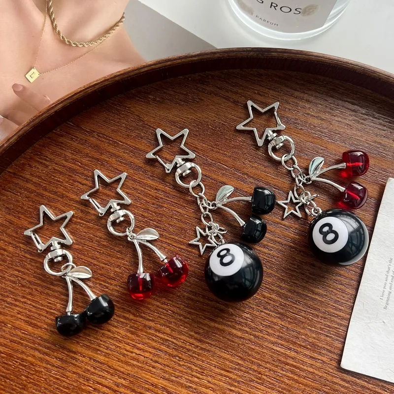 Creative Fruit Cherry Star Keychain Y2K Fashion Black 8 Ball Bag Hanging Decoration Cute Phone Accessories Handmade Keyring Gift