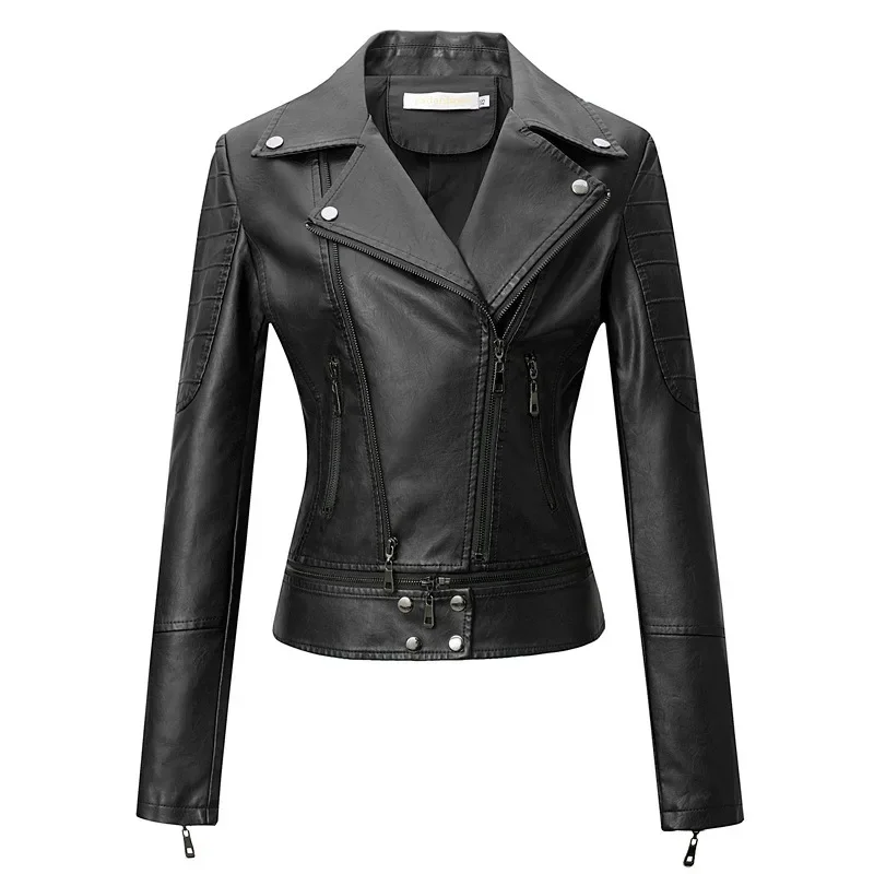 Chaqueta de cuero de motocicleta con cremallera para mujer, abrigo de motociclista, negro, chaqueta de motociclista de cuero para mujer, prendas de vestir exteriores, 2024