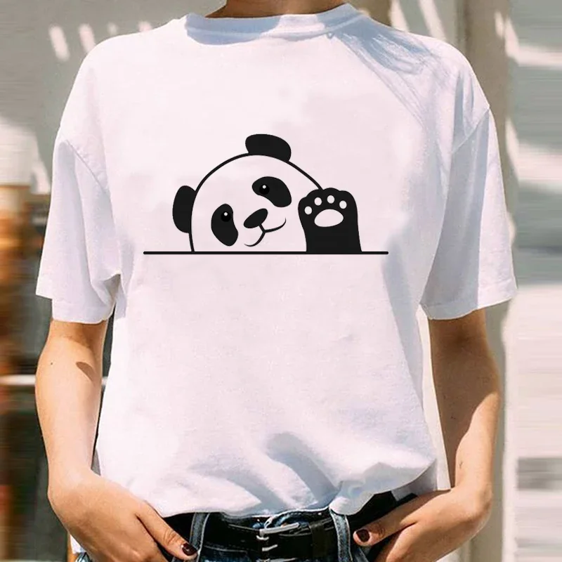 Women Graphic Printing Spring Summer Face Panda Cartoon Animal Short Sleeve Lady Print Wear Vacation Tops Tees Tshirt T-Shirt