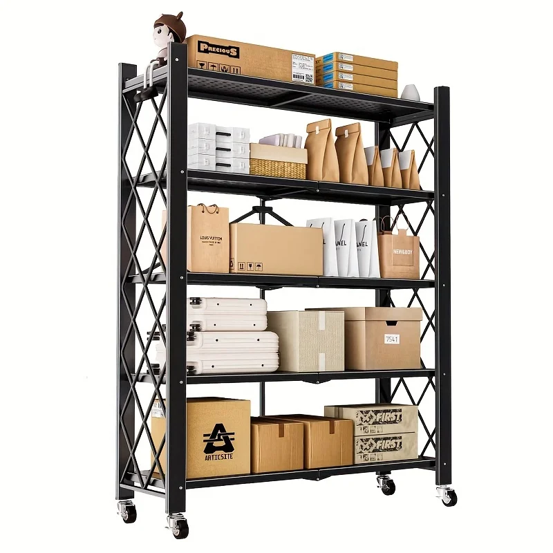 1pc Heavy-Duty 5-Tier Carbon Steel Foldable Storage Rack, Adjustable Shelving Unit with Metal Pipe, Floor-Standing Organizer