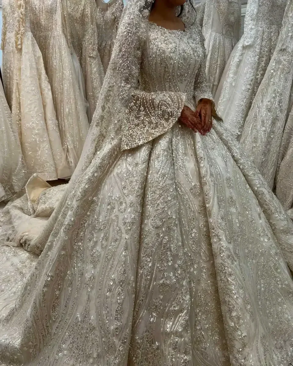 Muslim Wedding Dress Bridal Sequins Beaded Ball Gowns Middle East Bride Dresses Princess Customized Long Sleeve Vestido De Novia