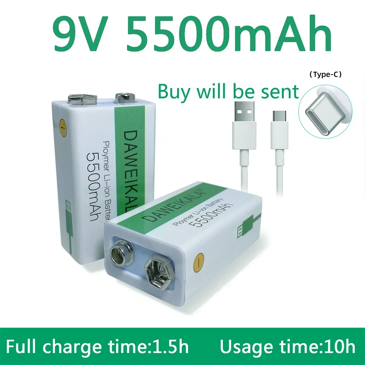 

9V 5500mAh 9V battery li-ion Rechargeable battery Micro USB Battery 9v lithium for Multimeter Microphone Toy +USB charging cable
