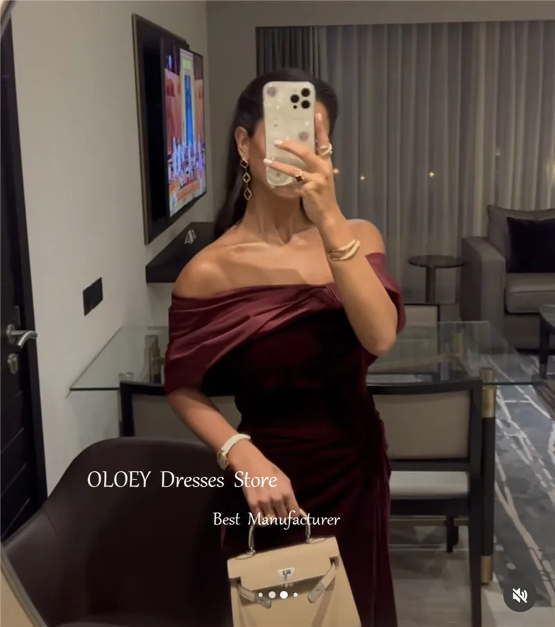 OLOEY 오프 숄더 다크 버건디 인어 벨벳 이브닝 드레스 빈티지 발목 길이 댄스 파티 드레스 공식 파티 드레스