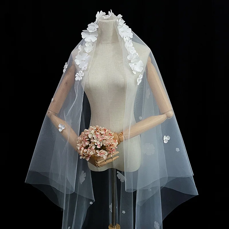 Whitney WV56 Off White Flowers Wedding Veil with Pearls Bridal Veils Mariage Accessoirres Deco White Veil Wedding фата свадебная