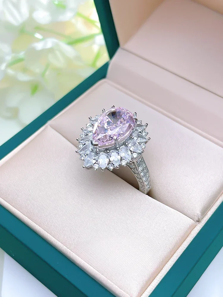 Light Luxury Sweet Pink Diamond Droplets 925 Silver Temperament Ring Set with High Carbon Diamond Wedding Jewelry