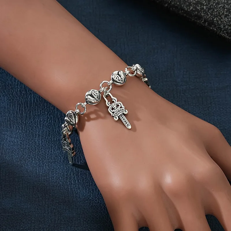 Antique Silver Punk Bracelet Dice Scout Cross Flower Full Rhinestone Thick Letter Chain Biker Jewelry