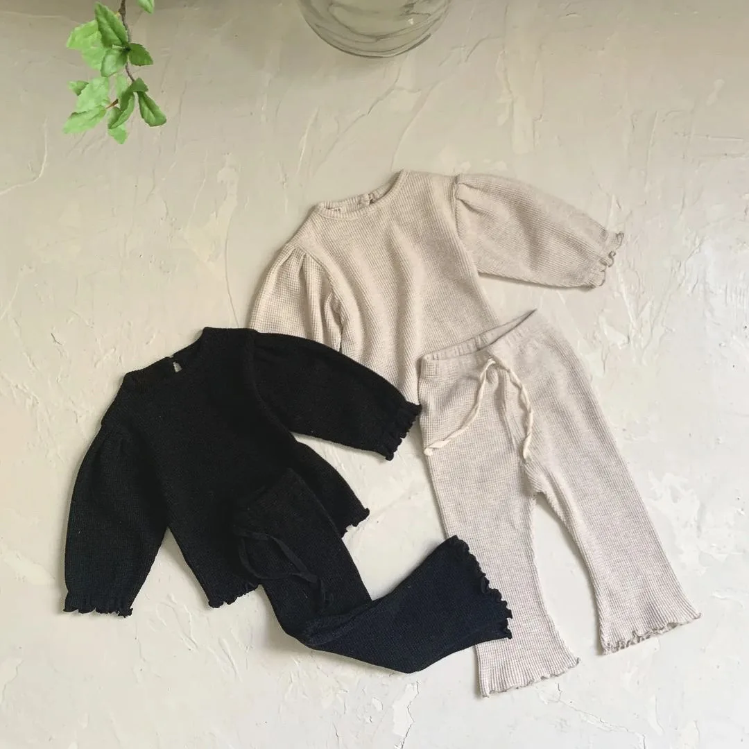 5477 Baby Clothing Set Autumn Korea Waffle Girl's Suit Long-sleeved T-shirt+ Wavy Hemmed Bell Bottoms Two Piece Suit