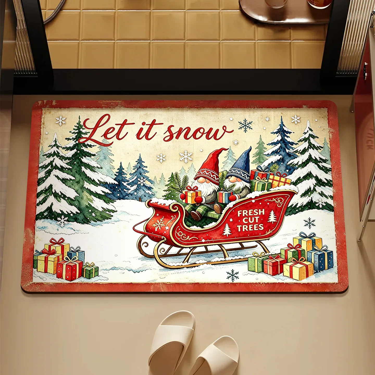 Retro Gnome Sleigh Winter door rug country home entry covered terrace back hallway Entry Door Mat home decor Christmas Present