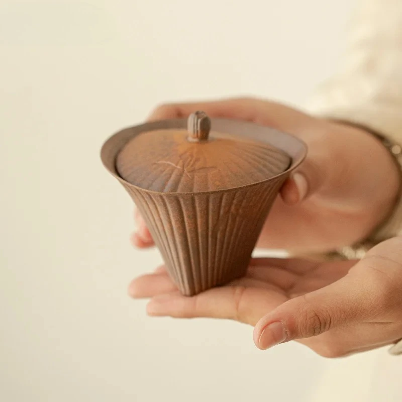 Handmade Coarse Pottery Covered Bowl Japanese Retro Old Rock Clay Tea Brewing Tool High-end Kung Fu Gaiwan Ceramic Tea Bowl