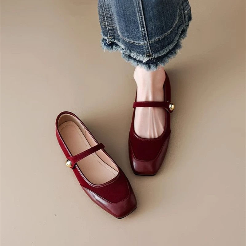 

Mary Jane Shoes for Women Red Woman Flats Square Toe Wholesale 2025 Summer Social Quick Delivery Trend Korean Style Low Price 39