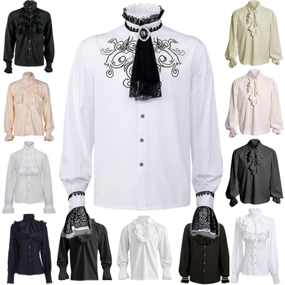 Fashion Mens Gothic Steampunk Victorian Shirt Top Black/White Regency Aristocrat