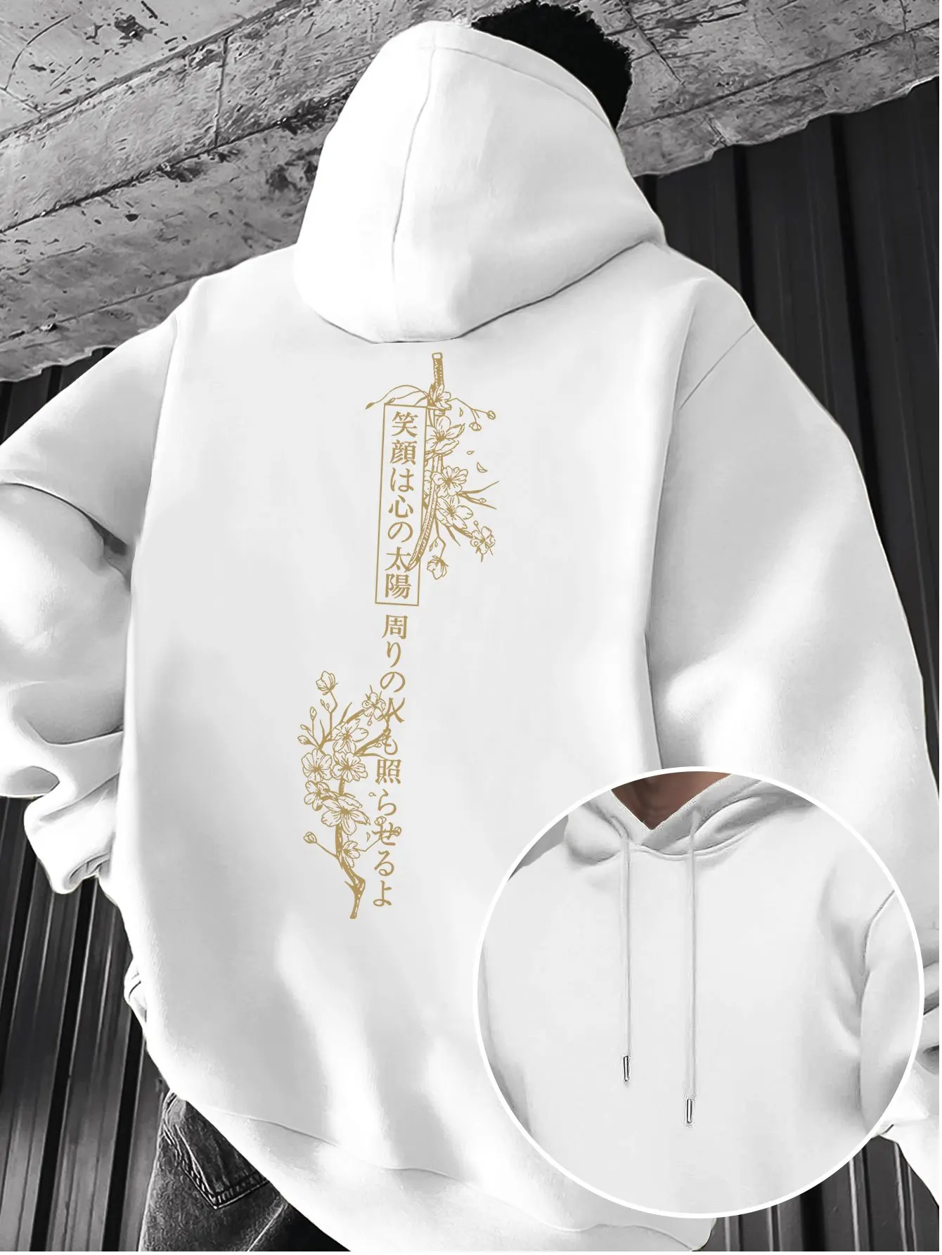 Japanese-style cherry blossom samurai sword pattern men's retro street fashion Harajuku style fall-winter warm hooded sweatshirt