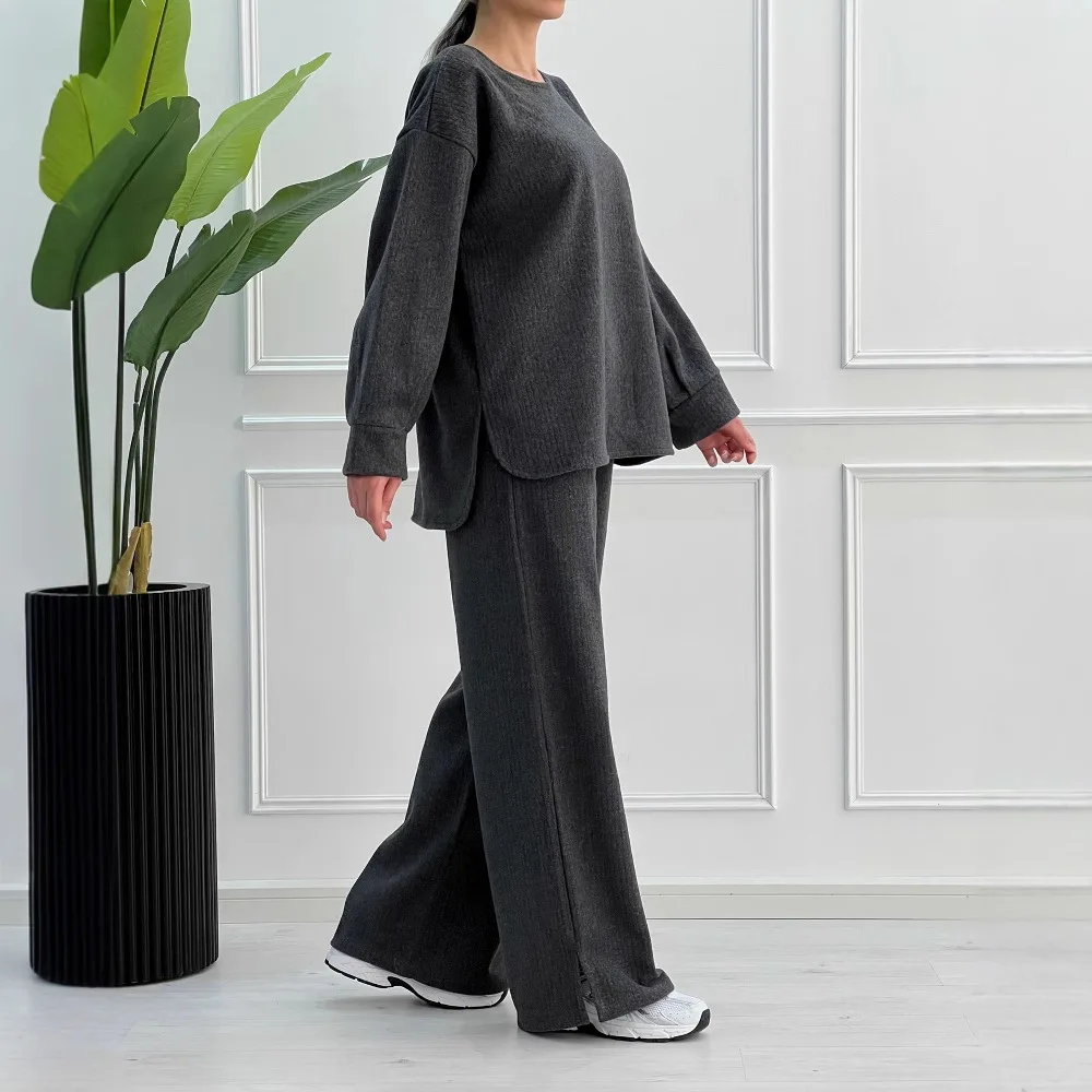 女性用長袖ツーピースセット,通勤服,ワイドレッグ,ルーズパンツ,モノクロ,秋冬