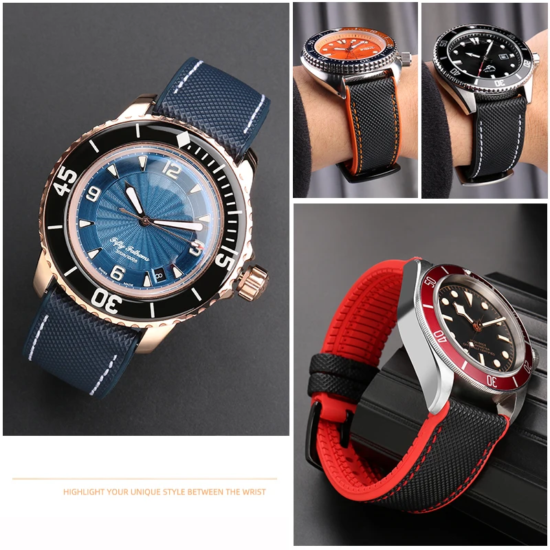20mm 21mm 22mm Nylon Rubber Bottom Watch Band Strap for Seiko Tudor Omega Canvas Silicone Waterproof Outdoor Sports Watchbands