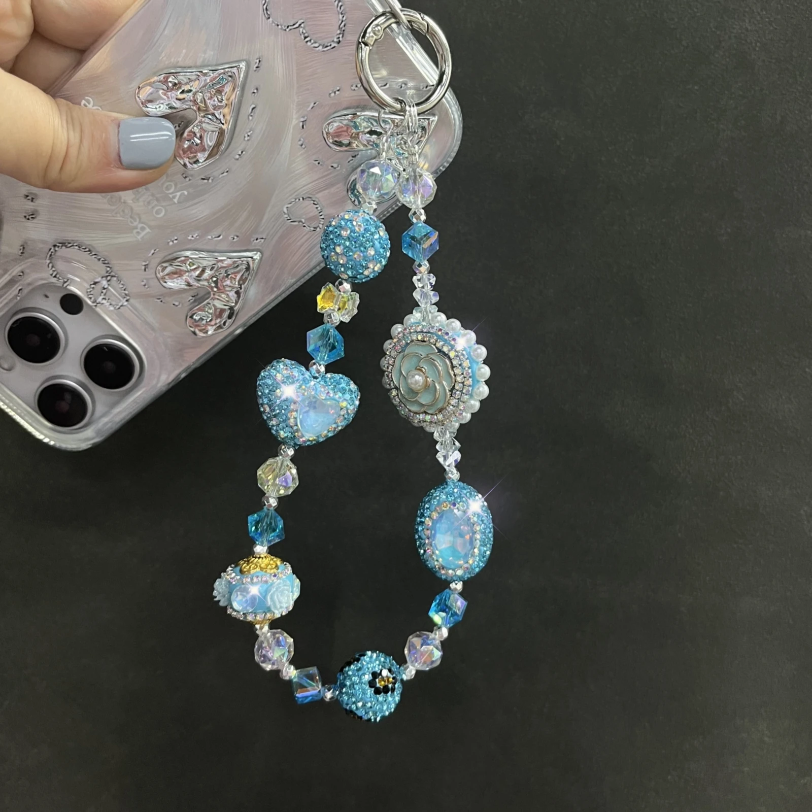 Blue Luxury Pearl Rose Plate Heavy duty Diamond Ball Mobile Phone Accessories Phone Charms Phone Strap Gift for Her