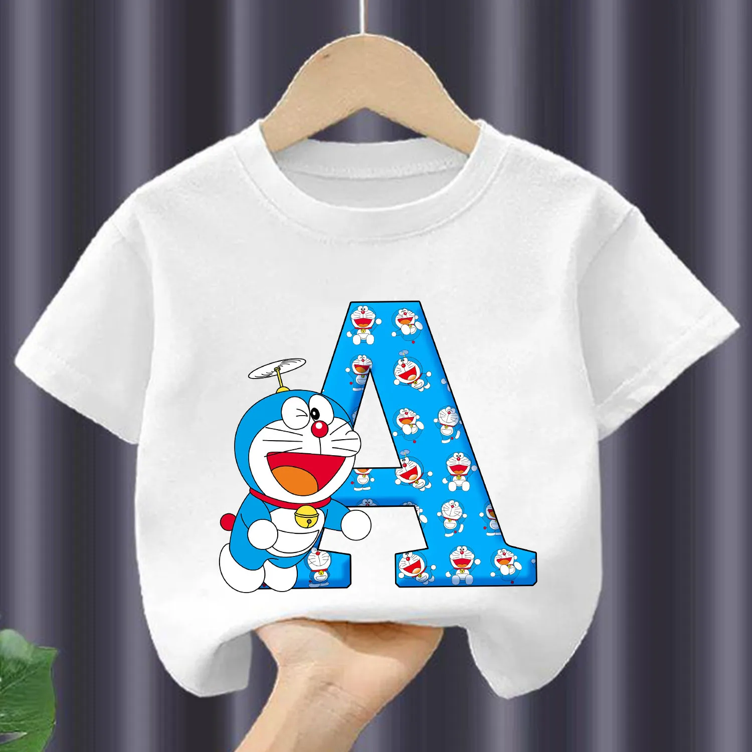 Camiseta Doraemon para niños, camiseta de A-Z con letras azules, ropa con cuello redondo de dibujos animados, moda para niños, ropa blanca de Anime, regalo
