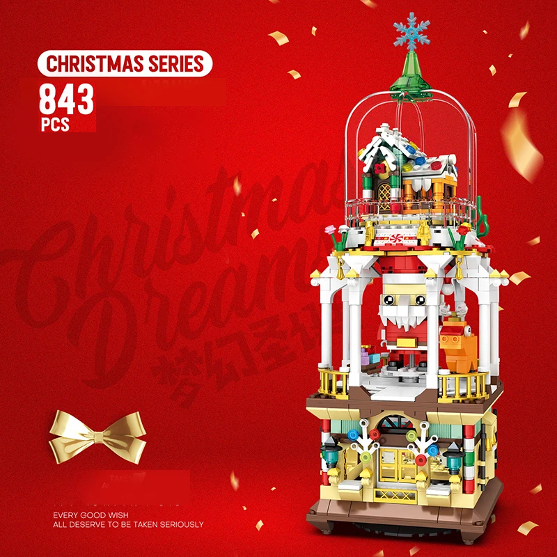 845PCS Christmas House Gift Craft Santa Claus Models Lighting DIY Kit Collectible Display Rotate Models Roleplay Child Toys