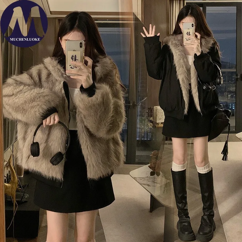 

Women's Winter Down Jacket Faux Mink Plush Hooded Wear on Both Sides Short Coat Korean Fashion Casual Loose Thick Warm Parkas