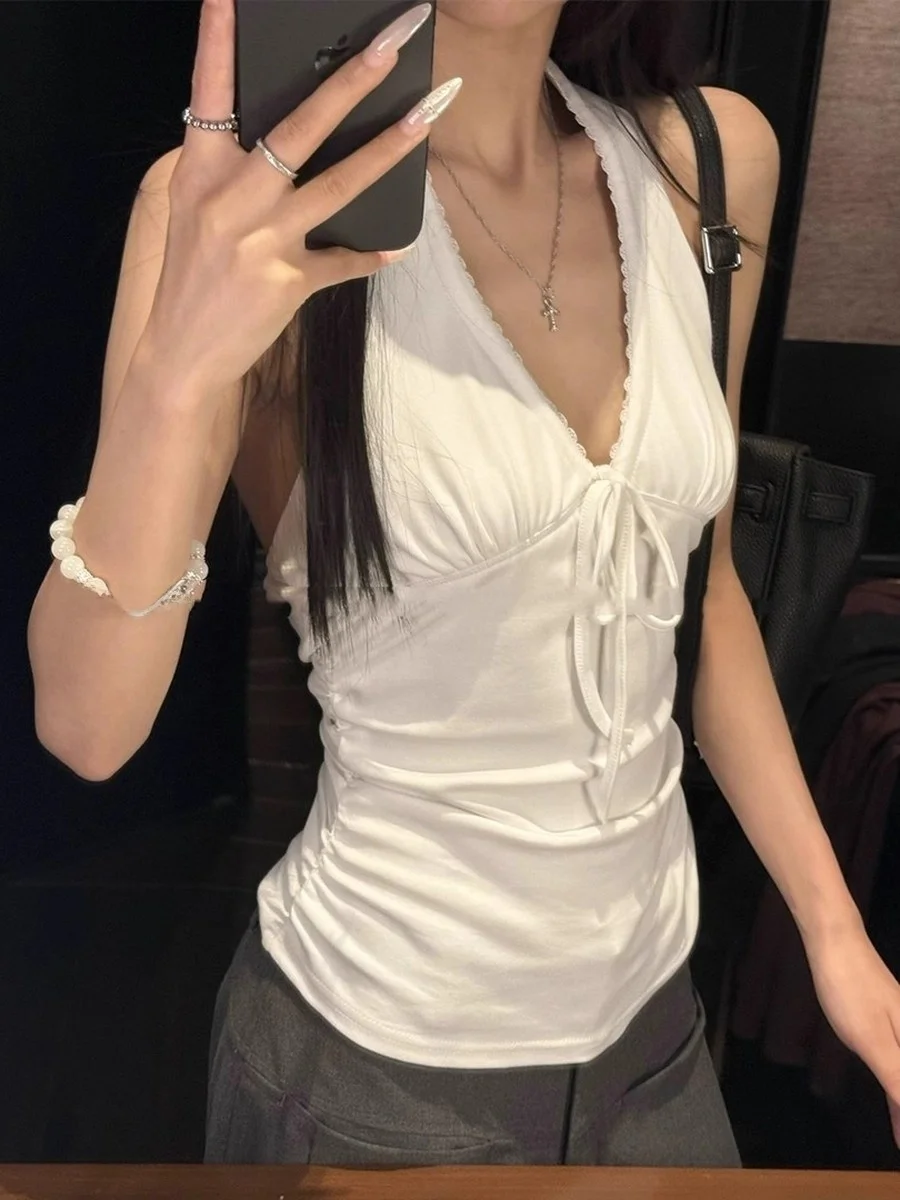 2025 Summer Pure Desire V-ne Strap Design ter Top Slim Fit Pleated Design Sense T-irt Women's Faion Svel Vest