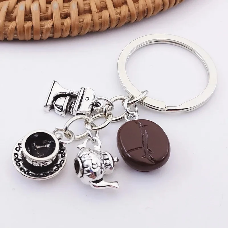 1pcs Creative Coffee cook Keychain coffee cup portable coffee machine Tea pot key chains afternoon dessert Accessories Gift