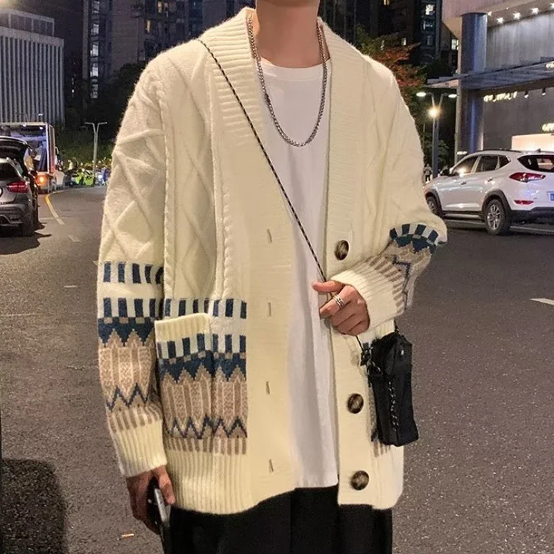 Men Cardigan Sweater Fashion Knitwear Comfortable Streetwear Contrast Color Japanese Style V-neck Leisure Outer New Clothing