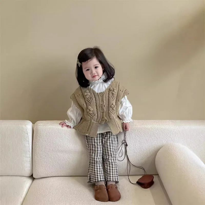 

Children's Clothing New Girls' Autumn Sweater Vest Stand Collar Doll Shirt Plaid Flared Pants Three-Piece Set