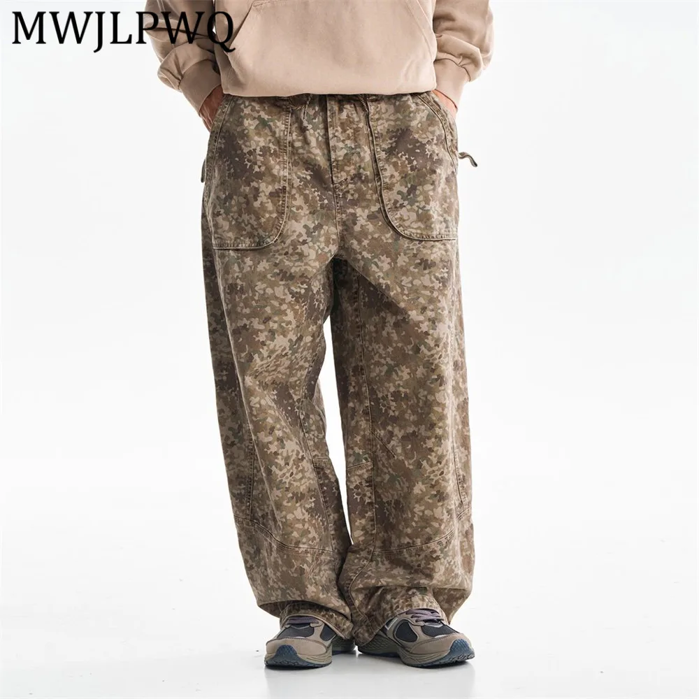 MWJLPWQ Streetwear Desert Print Cargo Pants Men Multi-Pocket Loose Wide Leg Vintage Washed Casual Daily Wear Long Pants 15584