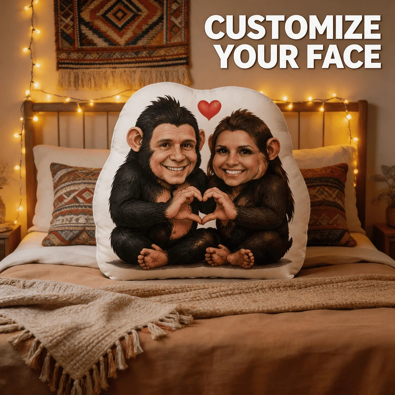 Personalized Couple Photo Face Pillow Custom Monkey Body Shaped Cushion Heart Gesture Funny Plush Home Decor Gift for Her Him