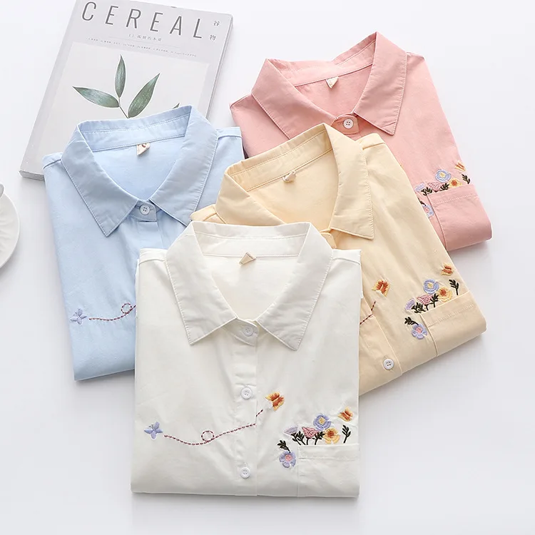 Embroidered Shirts Women Japanese Style Autumn Spring White Blouses Long Sleeve Lady Tops Fresh Looking