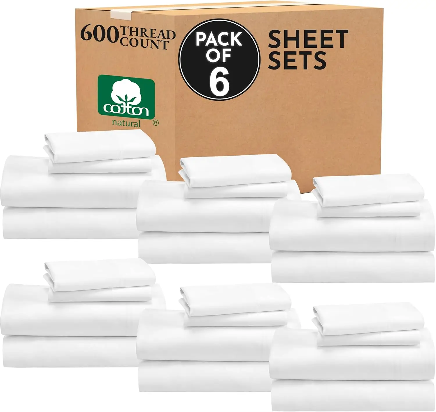 

Bulk Pack of 6 Full Size Sheet Sets - 600 Thread Count 100% Cotton Sateen, Includes 6 Flat Sheets, 6 Fitted Sheets&12Pillowcases