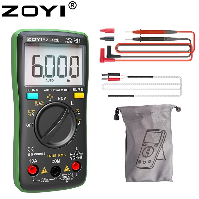 102L Inductance Meter Multimeter T-RMS 6000 Count 60H LCR Meter AC DC Current Voltage Up to 600A600V Voltage Tester