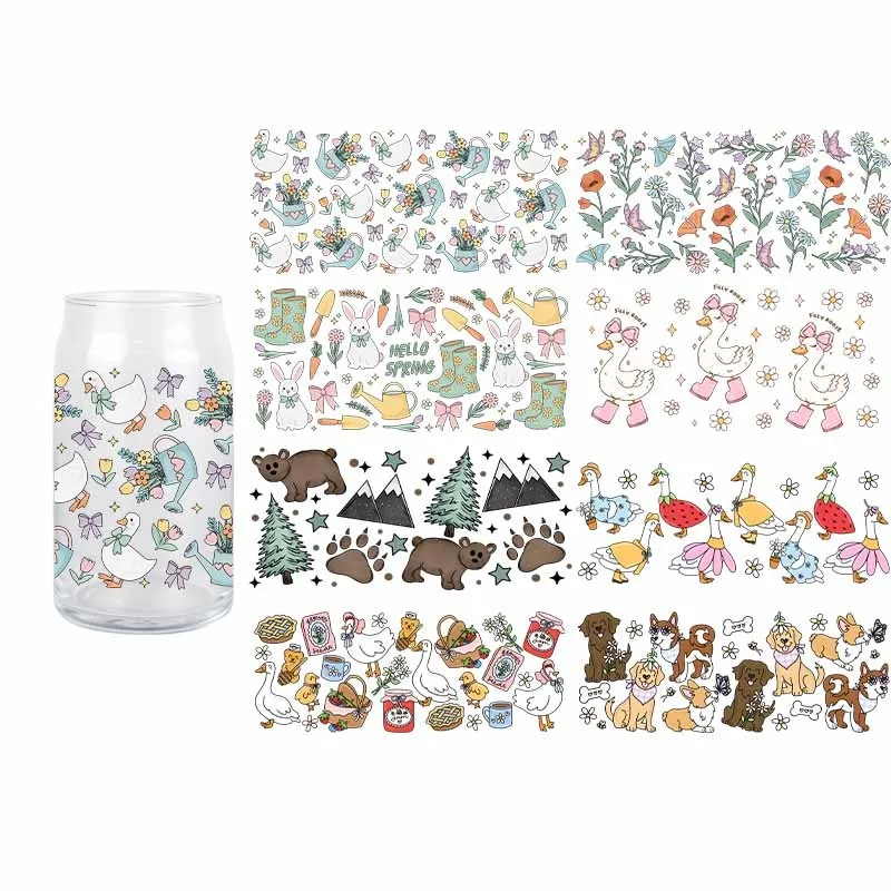 3D Cartoon UV DTF Transfer Sticker Animals Wraps Cup Goose Bear Flower Waterpoof Sticker DIY Fashion Cute Decals