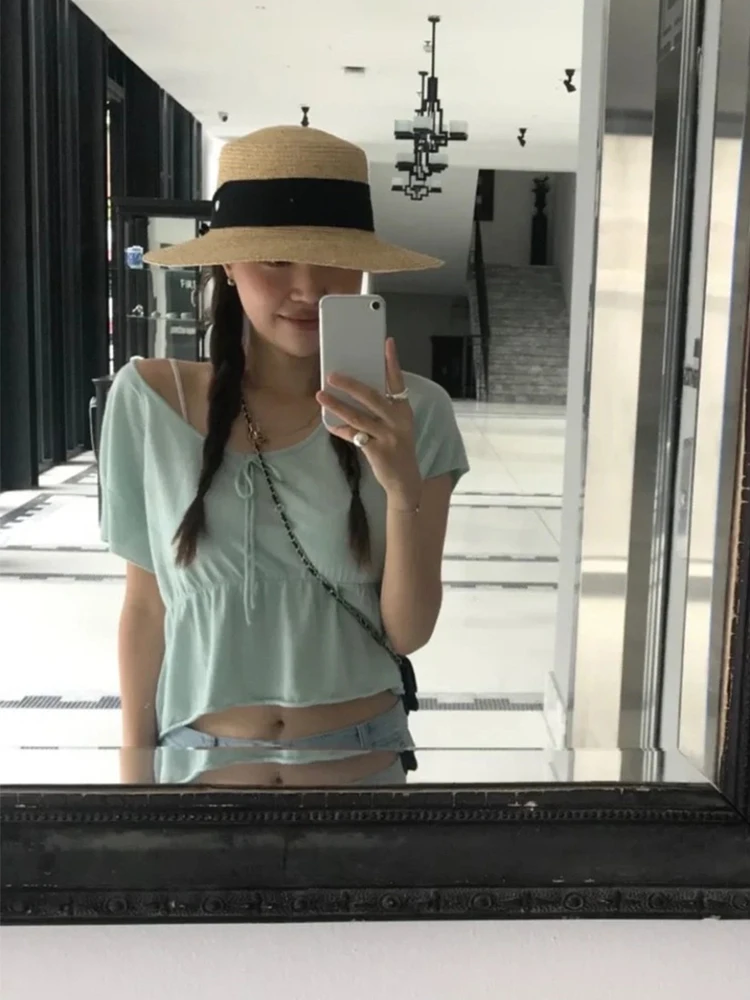 

Женская трикотажная футболка с узлом на талии, летняя футболка со шнурком, облегающий цветной топ