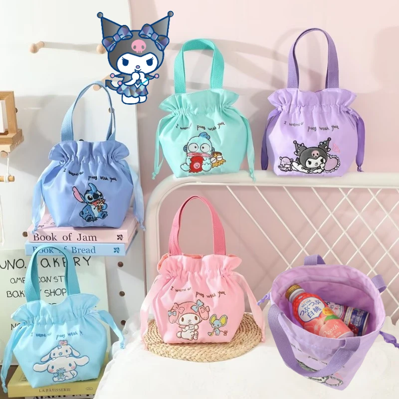 

Sanrio Kuromi Lunch Bag Drawstring Canvas Bag Cartoon Large Capacity Bento Handbag Cinnamoroll Anime Picnic Daily Use Pouch Gift