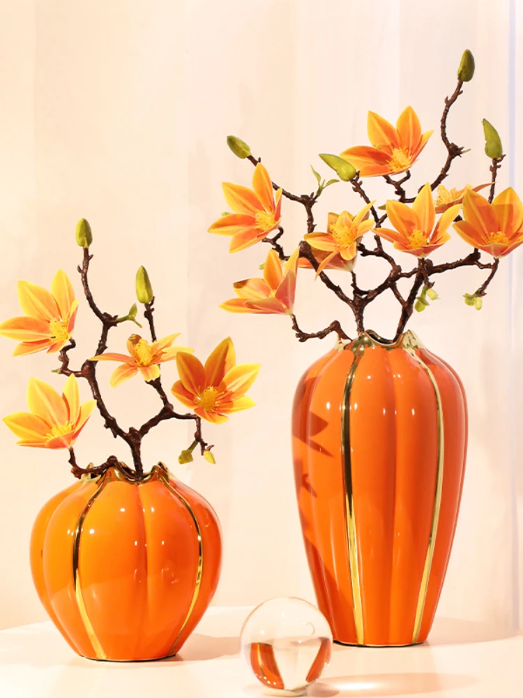 Creative Pumpkin Ceramic Vase Table Decoration Light Luxury High-End Living Room Flower Arrangement Vase Dried Flower Advanced