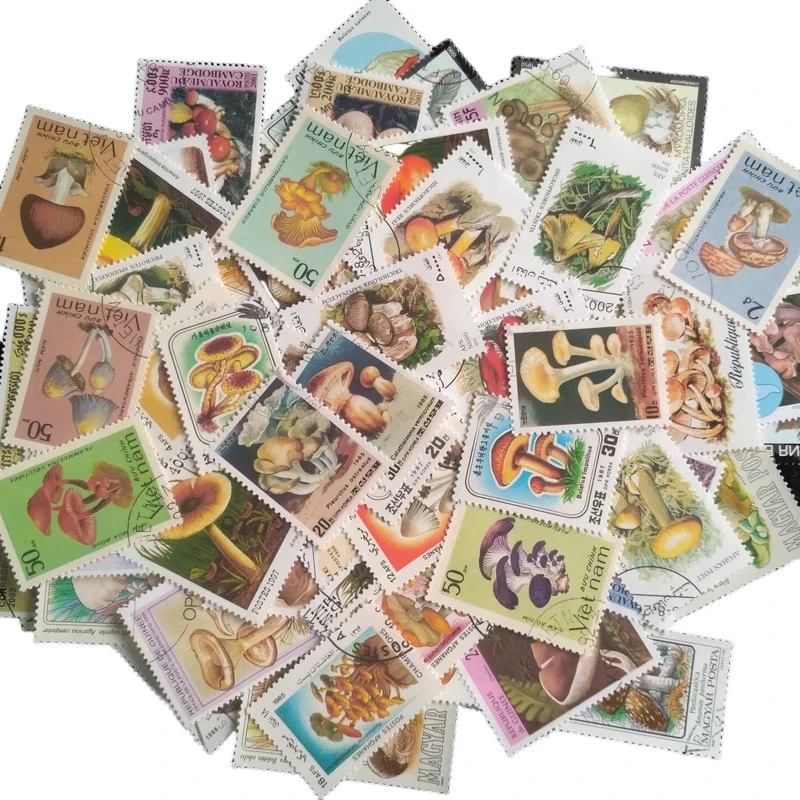 Random 100 PCS/lot Mushroom Postage Post Stamps With Post Mark Off Paper For Home Decoration