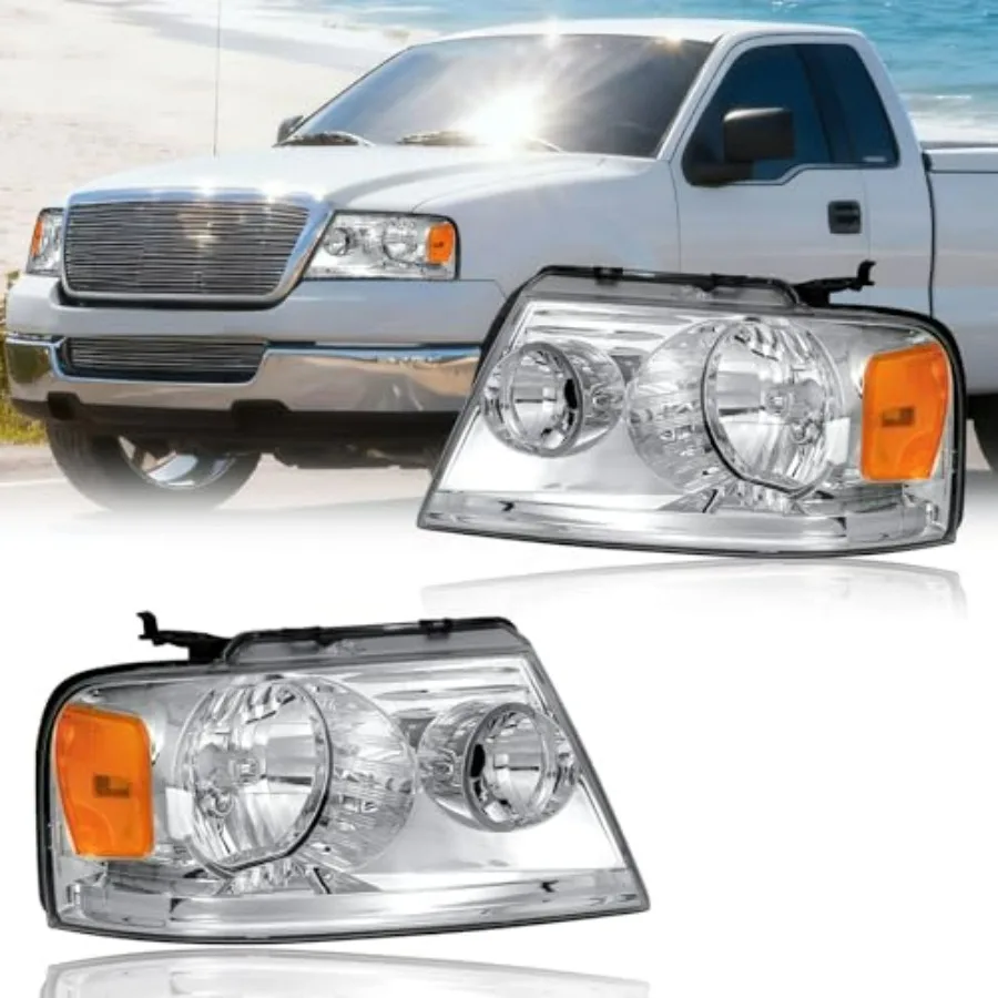 

Headlight Assembly Kit for 2004-2008 F150/2006-2008 Lincoln Mark LT Chrome Housing Amber Reflector Replacement Headlamps
