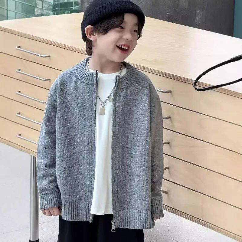 

2024 Autumn New Kids solid color single-breasted sweater Boys soft loose O-Neck knit Cardigan Coat