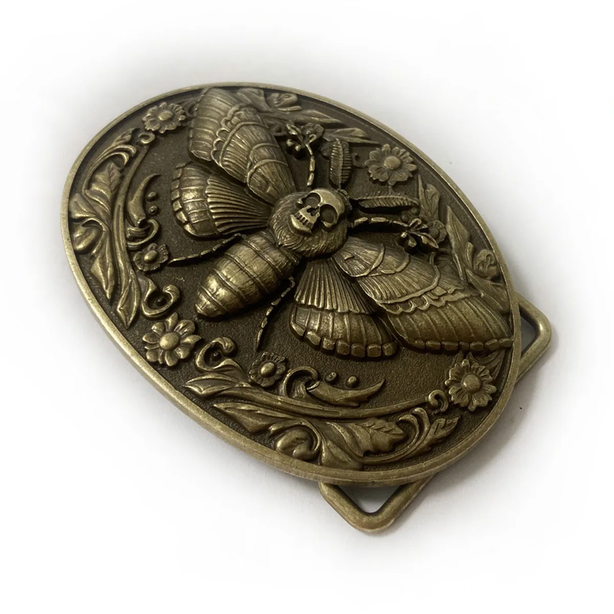 Men Vintage Belt Buckle, Antique Silver Floral Skull Moth Engraved Metal Western Punk Fashion Accessories Dropshipping view 5