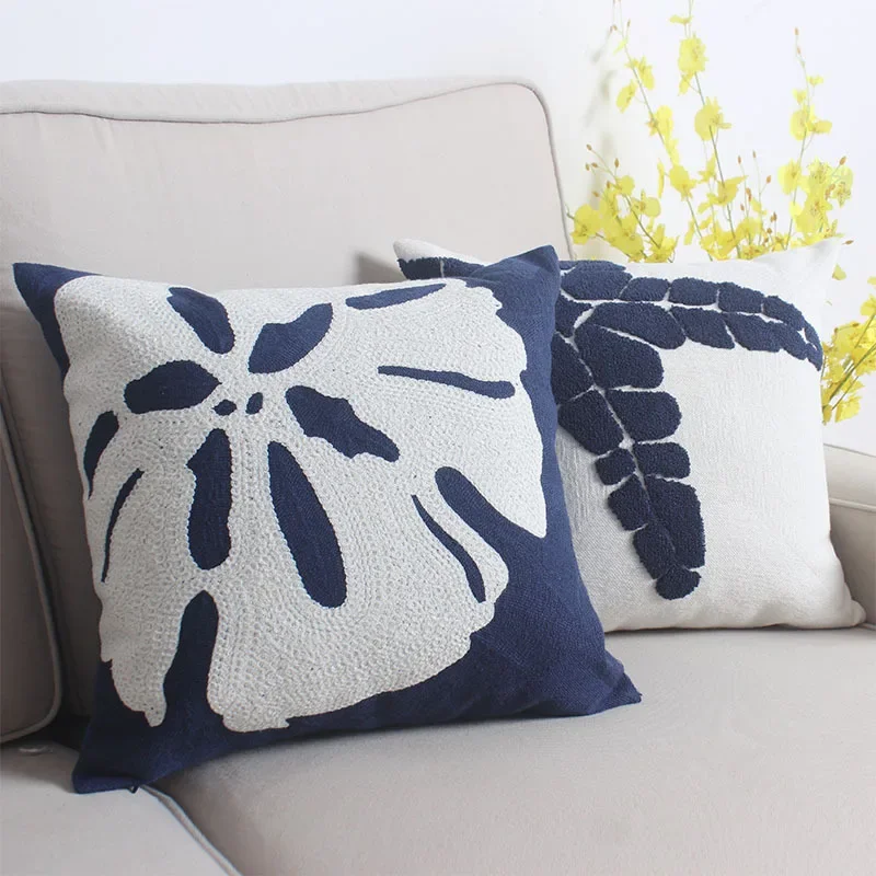 Home Decor Emboridered Cushion Cover Navy Starfish Shell  Canvas Pillow Case Cotton Suqare Embroidery Pillow Cover 45x45cm