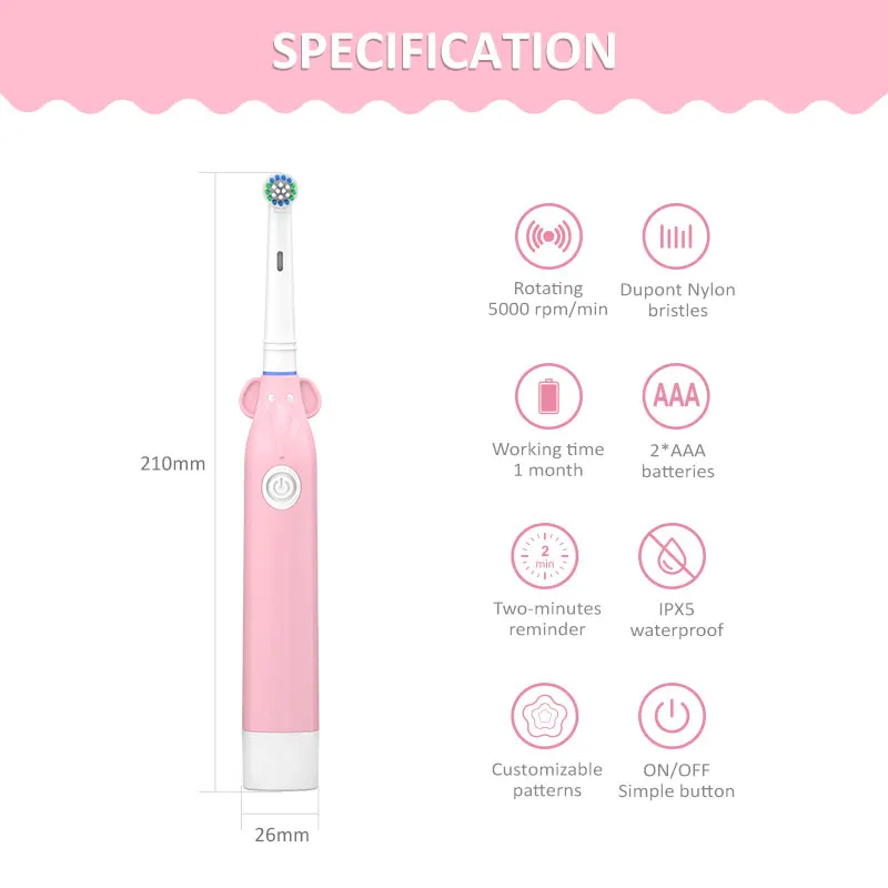 Cepillo de dientes eléctrico de rotación para niños, cepillo de dientes portátil impermeable con dibujos animados, eliminación de sarro, blanqueamiento dental, limpieza bucal