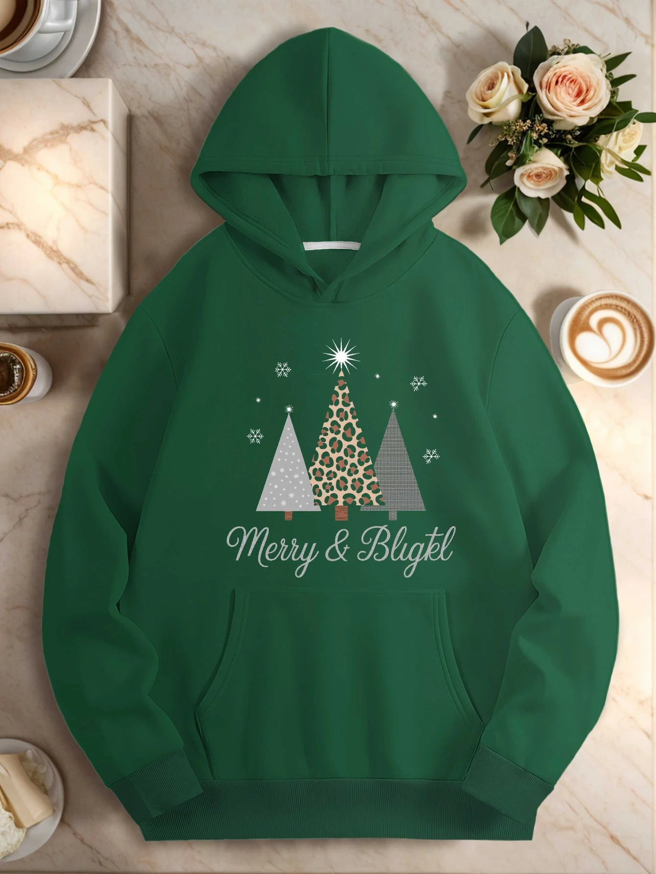 Merry Bright Leopard Christmas Trees Women's Plus Size Casual Hoodies, Festive Clothing, Casual Wear, Geometric Pattern, Leopard