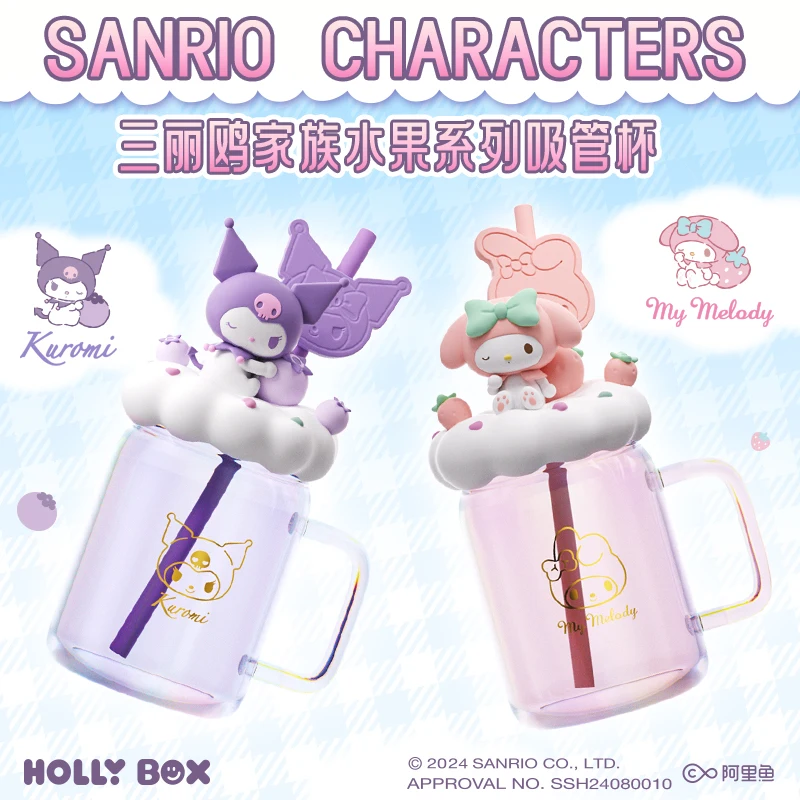 

510ml Sanrio Characters Water Cup Family Fruit Series Kawaii Kuromi My Melody Straw Glass Maiden Heart Drinking Glass Kawaii Cup