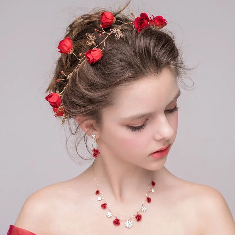 

Romantic Red Rose Women Hair Hoops Bridals Hairbands Thin Luxury Metal Flower Headbands Headdress Accessories