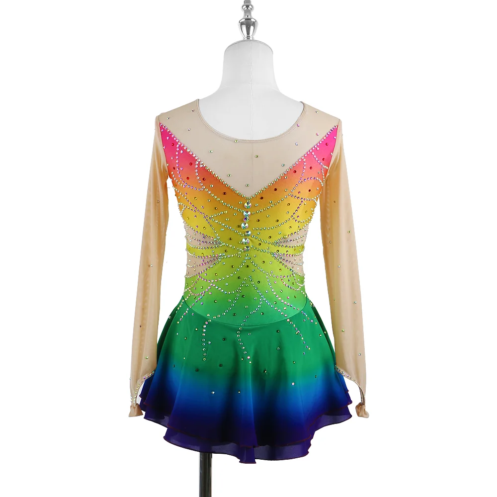 Zagitova Figure Skating Dress For Women Girls Ice Skating Skirt Long Sleeve Princess Gradient Rainbow Color Butterfly Diamonds